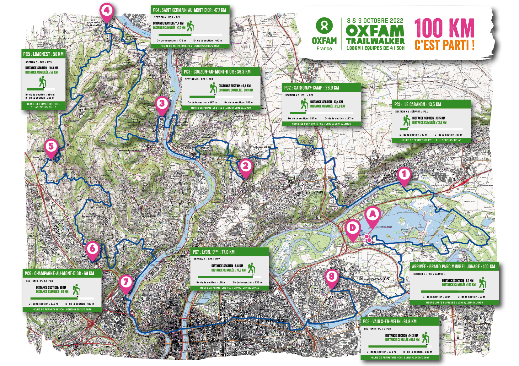 Plan du parcours du Trailwalker Oxfam Métropole de Lyon 2022